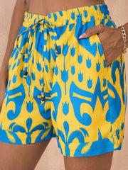 Sassafras - Women Yellow & Blue Ikat Shorts with Bustier and Shrug