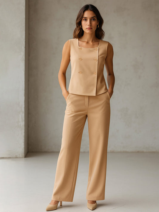 Women Beige Sleeveless Button Top With Straight Pants