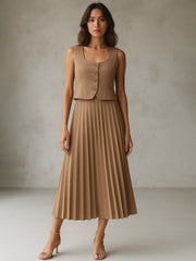 Women Dark Beige Sleeveless Waistcoat With Midi Skirt