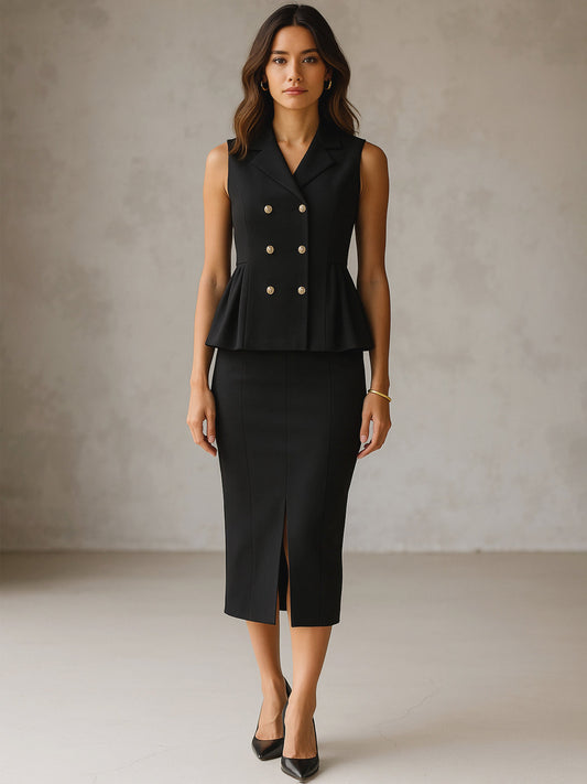 Women Black Sleeveless Notched Button Top With Skirt