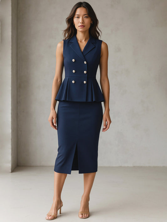 Women Blue Sleeveless Notched Button Top With Skirt