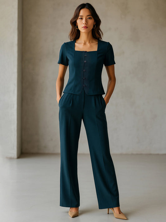 Women Emerald Green Button Top With Cross Pocket Pants