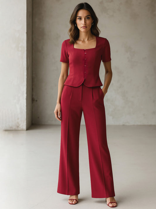Women Maroon Button Top With Cross Pocket Pants