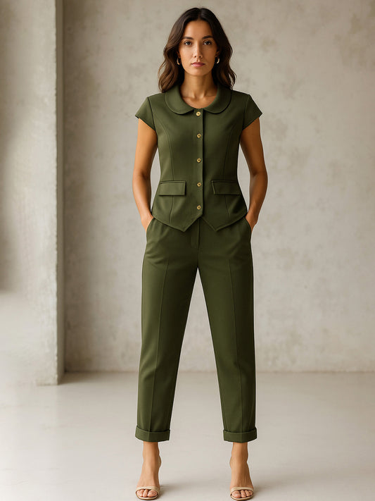 Women Olive PeterPan Cap Sleeve Button Top With Trousers