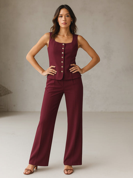 Women Burgundy Rhombus Neck Top With Cross Pocket Pants