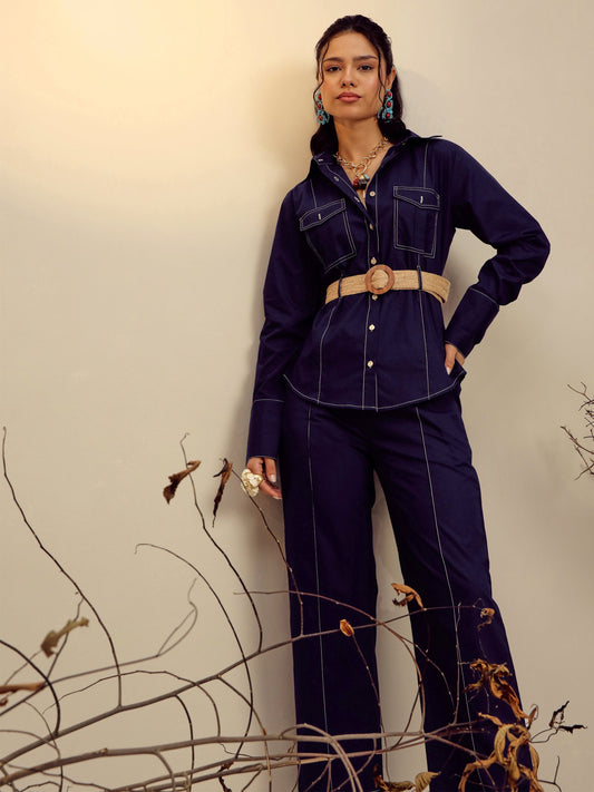 Women Navy Poplin Belted Shirt With Straight Pants