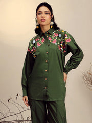 Olive Poplin Embroidered Shirt With Pencil Pants Pink Paprika By SASSAFRAS