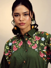 Olive Poplin Embroidered Shirt With Pencil Pants Pink Paprika By SASSAFRAS