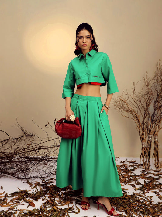 Women Green Poplin Crop Shirt With Pleated Skirt