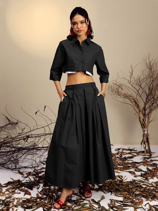 Women Black Poplin Crop Shirt With Pleated Skirt