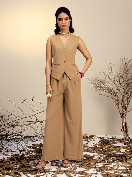Women Beige Vest Top With Straight Pants