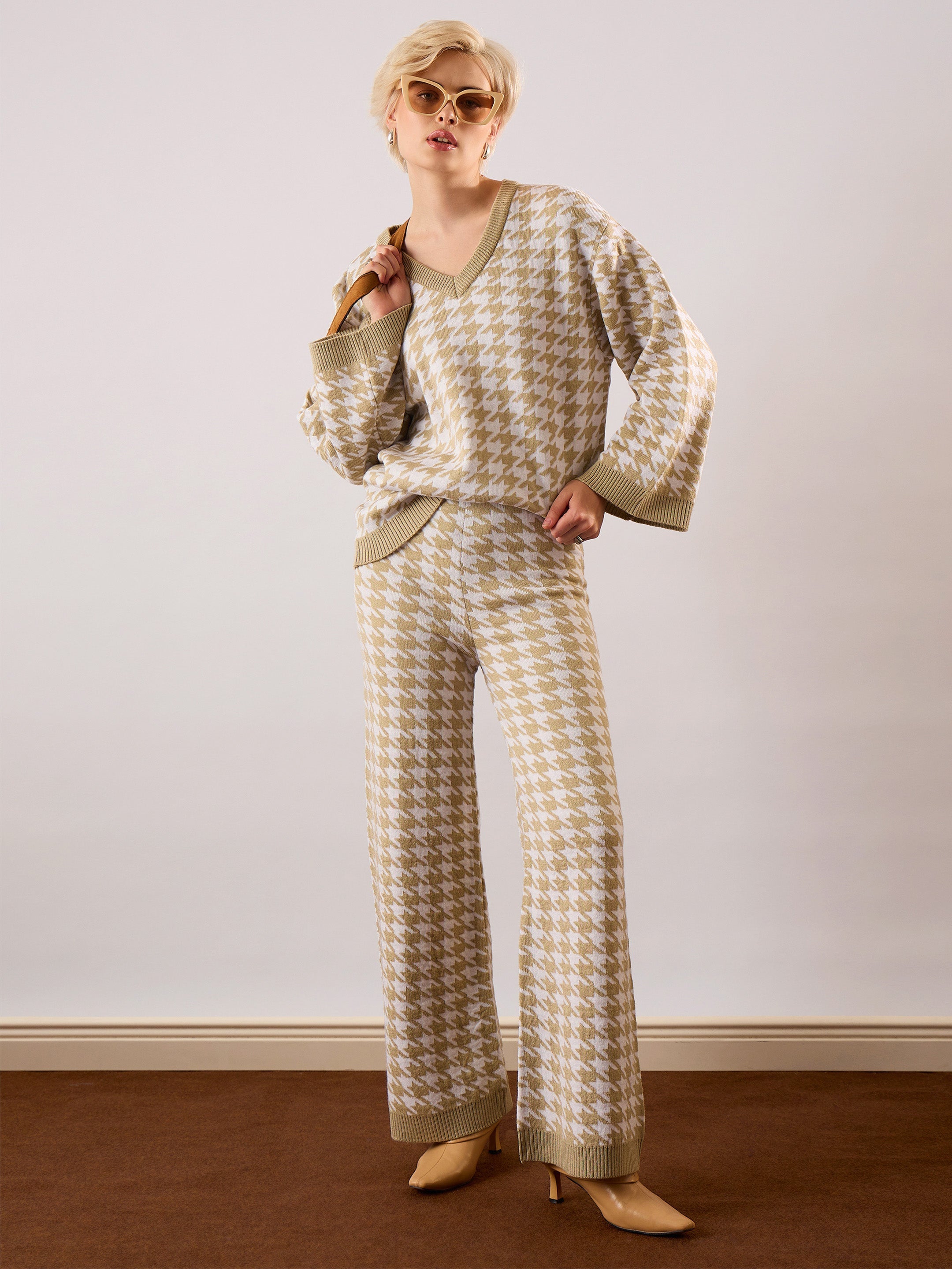beige white houndstooth v neck sweater with joggers sassafras