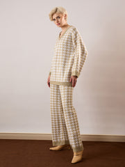 beige white houndstooth v neck sweater with joggers sassafras