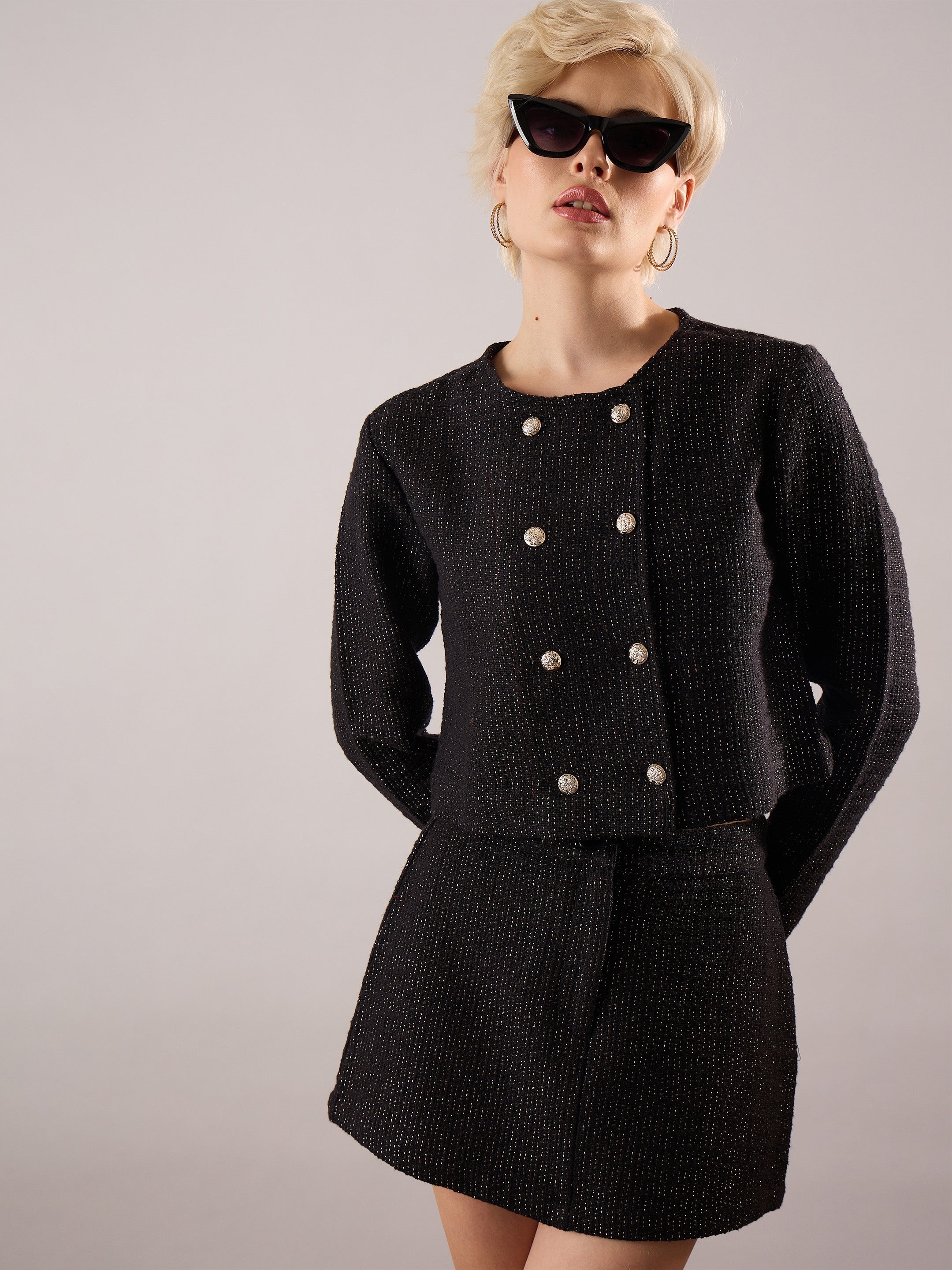 black tweed full sleeves crop blazer with mini skirt sassafras