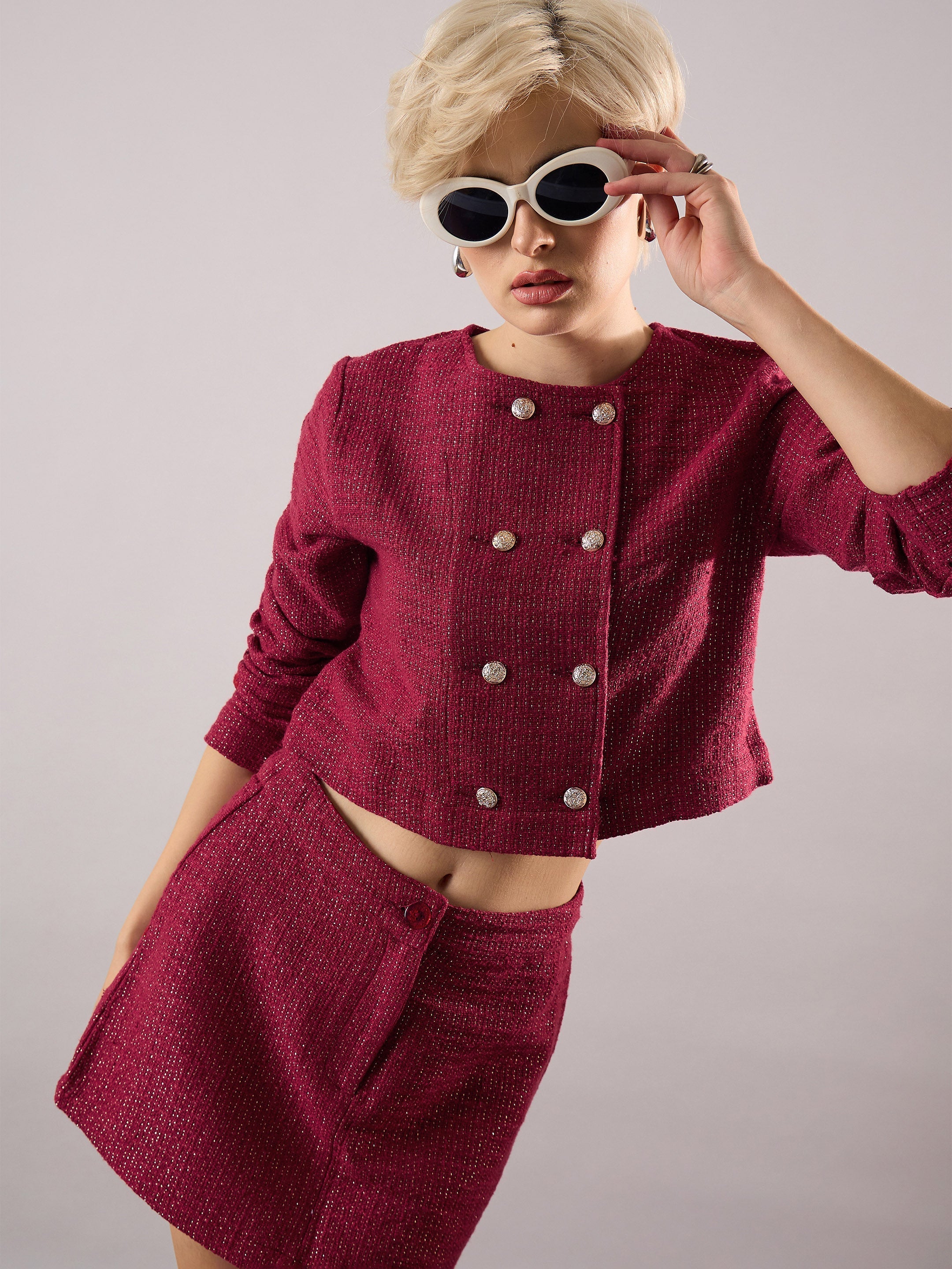 maroon tweed full sleeves crop blazer with mini skirt sassafras
