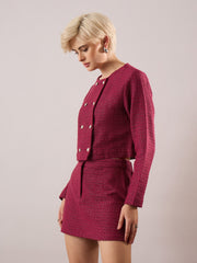 maroon tweed full sleeves crop blazer with mini skirt sassafras