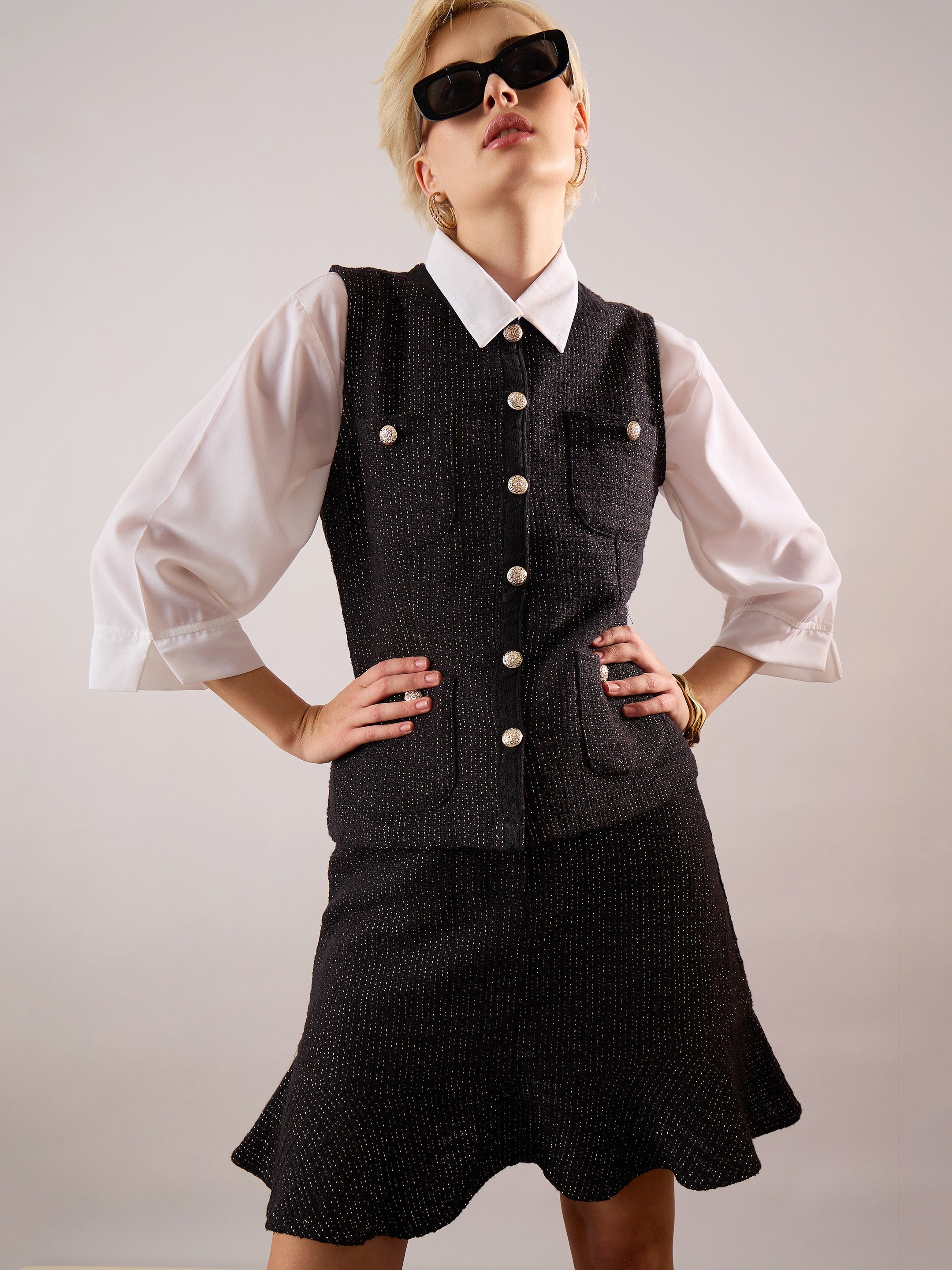black tweed waist top with flared mini skirt sassafras