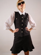 black tweed waist top with flared mini skirt sassafras