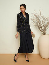 Black Foil Print Double Breasted Blazer With Gathered Skirt Pink Paprika By SASSAFRAS