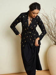 Black Foil Print Double Breasted Blazer With Gathered Skirt Pink Paprika By SASSAFRAS