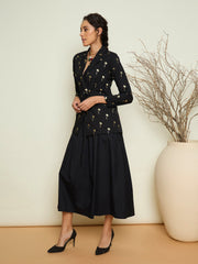 Black Foil Print Double Breasted Blazer With Gathered Skirt Pink Paprika By SASSAFRAS