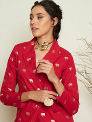Fuchsia Foil Print Double Breasted Blazer With Gathered Skirt Pink Paprika By SASSAFRAS