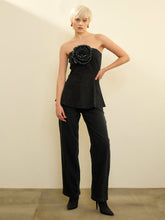 Black Denim Corsage Peplum Tube Top With Straight Jeans SASSAFRAS
