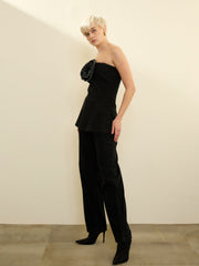 Black Denim Corsage Peplum Tube Top With Straight Jeans SASSAFRAS