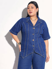 Navy Denim Collar Top With Bottom Fold Jeans SASSAFRAS Curve
