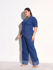 Navy Denim Collar Top With Bottom Fold Jeans SASSAFRAS Curve