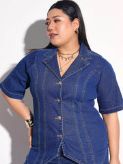 Navy Denim Collar Top With Bottom Fold Jeans SASSAFRAS Curve
