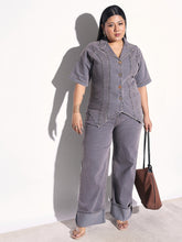 Grey Wash Denim Collar Top With Bottom Fold Jeans SASSAFRAS Curve