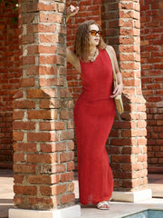Women Red Crochet Round Neck Top With Straight Skirt