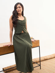 Women Olive Sleeveless Waistcoat With Midi Skirt