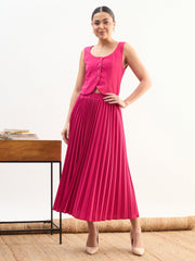 Women Fuchsia Sleeveless Waistcoat With Midi Skirt