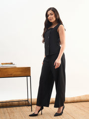 Women Black Sleeveless Button Top With Straight Pants