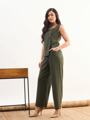 Olive Sleeveless Button Top With Straight Pants SASSAFRAS worklyf
