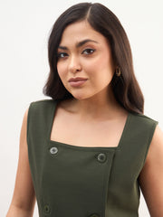 Olive Sleeveless Button Top With Straight Pants SASSAFRAS worklyf