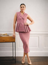 Women Pink Sleeveless Notched Button Top With Skirt