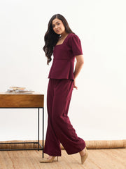 Women Maroon Front Slit Top With Straight Pants