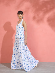 Women White & Blue Printed Halter Vest Top With Tiered Skirt