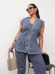 Women Blue Blast Denim Button Down Top With Mom Fit Jeans
