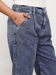 Women Blue Blast Denim Button Down Top With Mom Fit Jeans