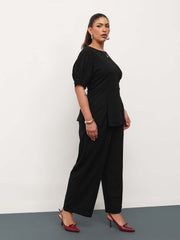 Women Black Round Neck Top With Straight Pants