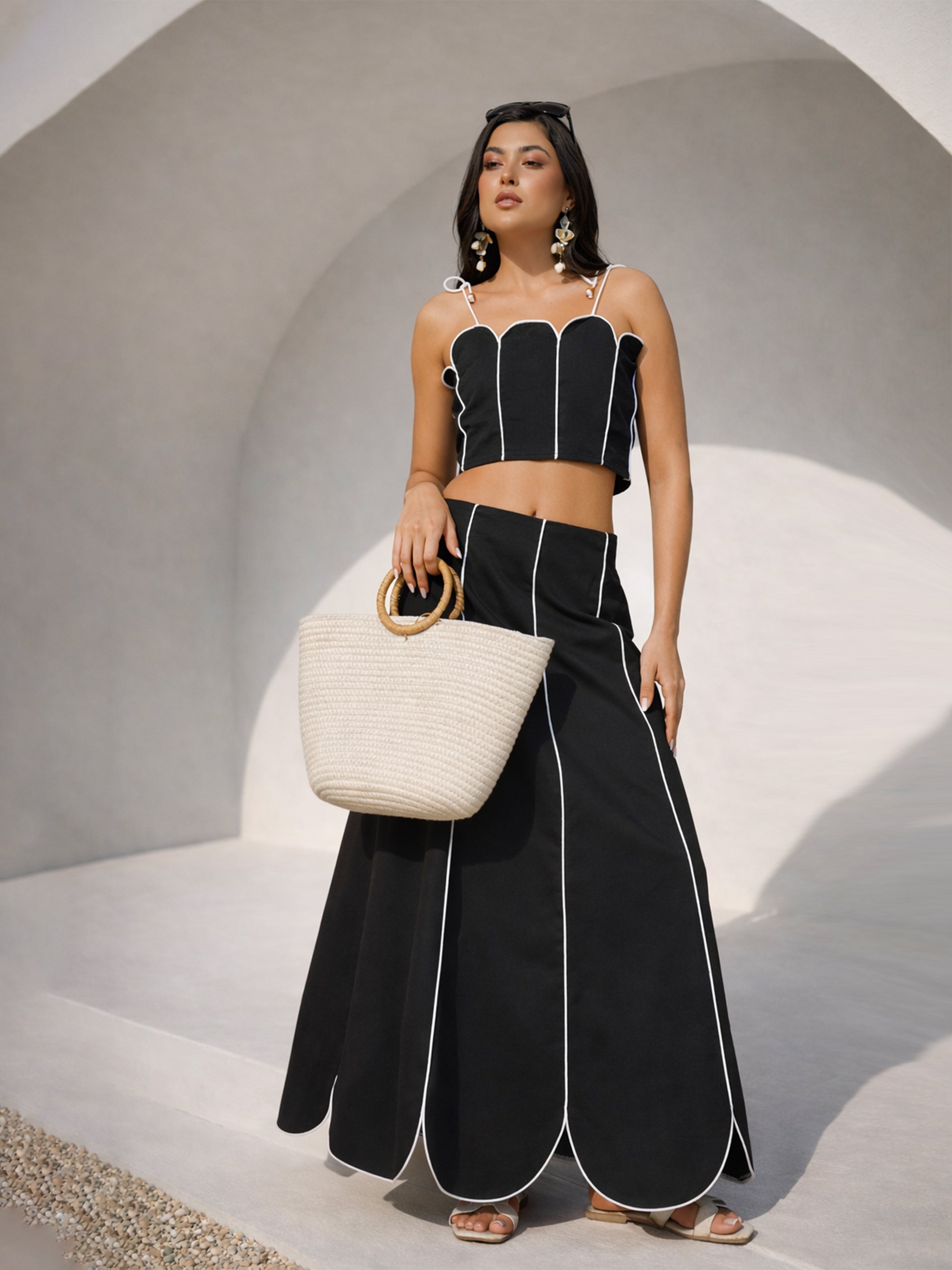Women Black Twill Strappy Crop Top With Scalloped Skirt