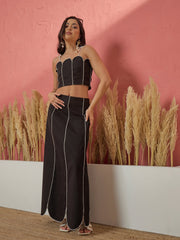 Women Black Twill Strappy Crop Top With Scalloped Skirt