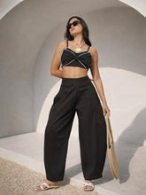 Women Black Twill Front Bow Strappy Top With Balloon Pants