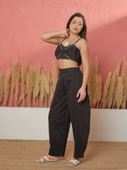 Women Black Twill Front Bow Strappy Top With Balloon Pants