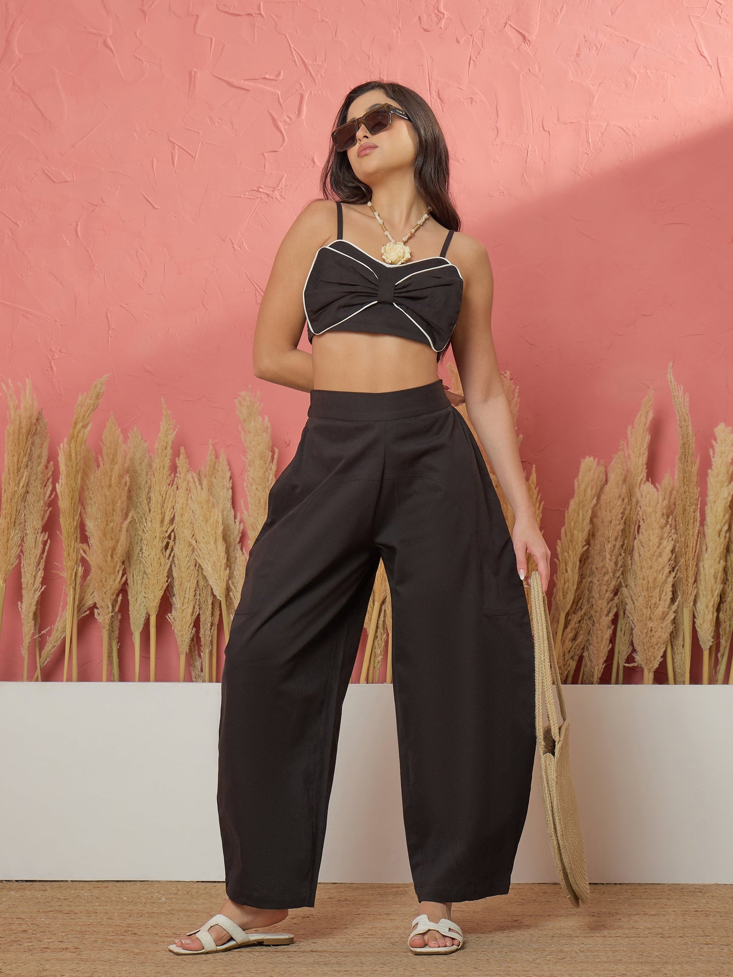 Women Black Twill Front Bow Strappy Top With Balloon Pants