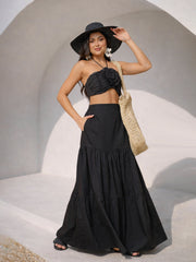 Women Black Front Corsage Tube Top With Tiered Skirt